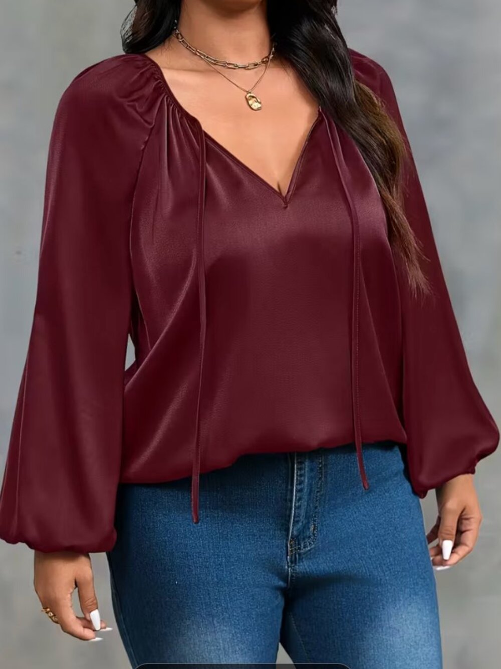 Burgundy Satin Peasant Style Blouses V Neck with  Tie and Balloon Sleeves 2XL